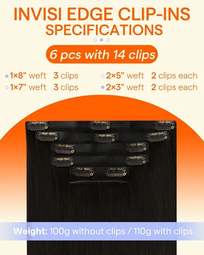 Miniatura 2 de Full Shine Invisi Edge - Extensiones de cabello con clip sin costuras, color negro azabache, cabello Remy inyectado de trama invisible para cabello