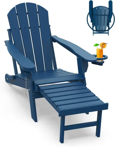 Miniatura 22 de GREENVINES Sillas Adirondack con Otomano Juego de 2 Grano de Madera Plegable Reposapiés Retráctil Plástico HDPE Silla para Hoguera Todo