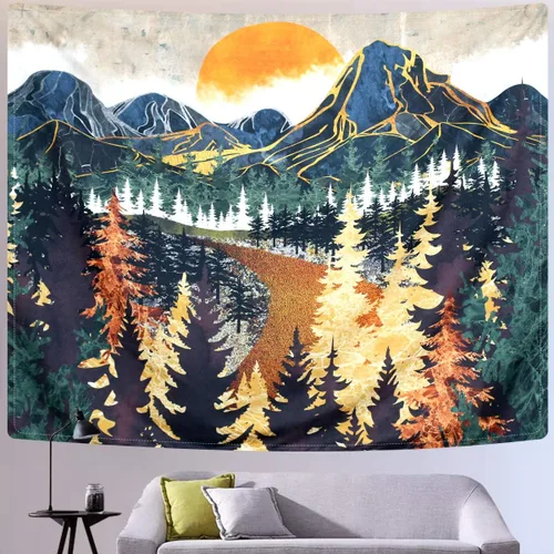 Miniatura 3 de SENYYI Tapiz colgante de pared de montaña, arte de árboles del bosque, puesta de sol, camino en la naturaleza, paisaje, decoración del hogar