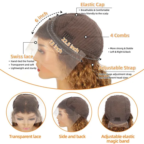 Miniatura 3 de Pelucas de cabello humano rizado con encaje frontal de 13 x 6 pulgadas, color degradado P4/27, previamente despuntada, 22 pulgadas, sin pegamento