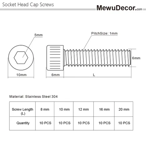 Miniatura 2 de Juego surtido de 50 tornillos de cabeza hueca, M6 x 0.315 in, 0.394 in, 0.472 in, 0.630 in y 0.787 in, acero inoxidable 304, acabado brillante