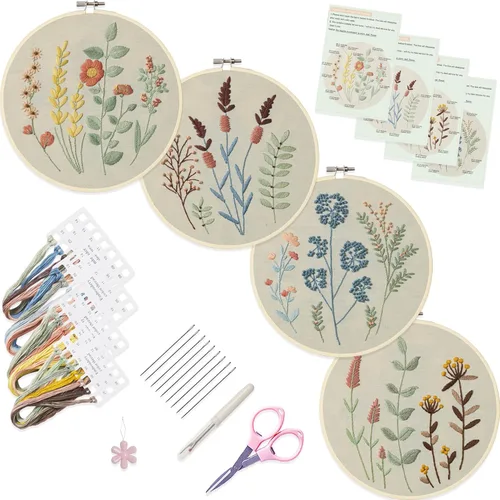 Miniatura 8 de Bonroy 4 juegos de kit de bordado para principiantes de manualidades artísticas de costura fácil incluye ropa de bordado con patrón, aro, manual