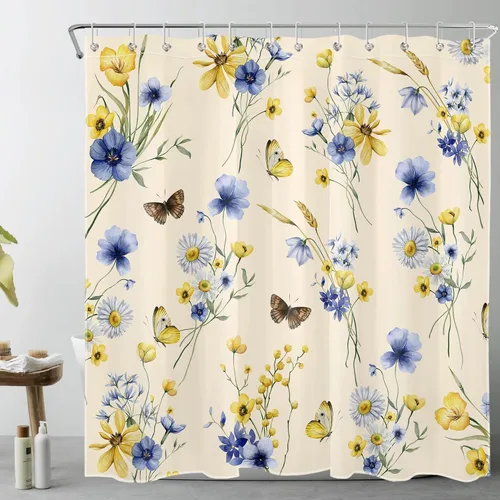Miniatura 15 de EOBTAIN Cortina de ducha floral de acuarela para baño, margaritas y mariposas sobre tela beige con 10 ganchos, juego de cortinas de baño rústicas