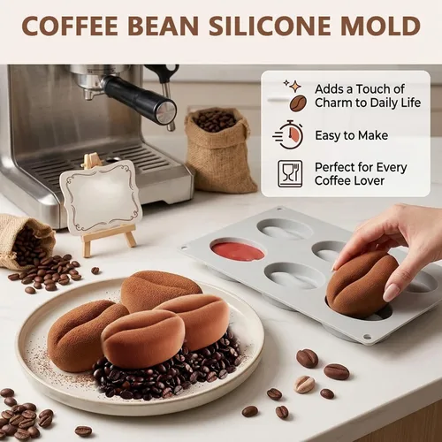 Miniatura 2 de Coffee Bean Mold 6-Cavity Silicone Baking Mold with Lip Design for Chocolate, Gummy Candy, Ice Cubes, Creative Kitchen Tool..