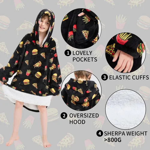 Miniatura 4 de Fiosnow Manta con capucha de pizza y papas fritas para niños de 6 a 13 años, manta de gran tamaño para niños, niñas y adolescentes