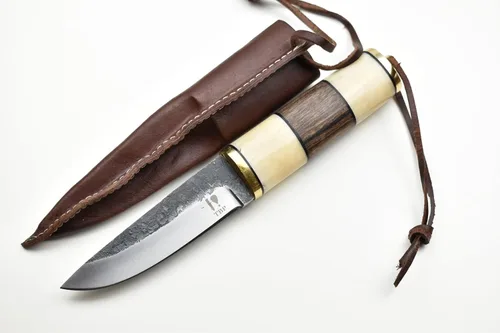 TBP Cuchillo puukko de hoja fija hecho a mano con funda de cuero, mango de madera de nogal y hueso, cuchillo de utilidad para desollar, ideal para