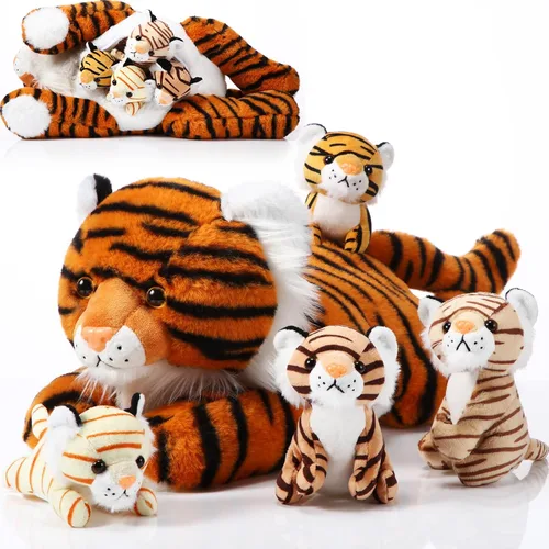 Threan - Juego de 5 juguetes de peluche de tigre, de 16 pulgadas, mamá tigre con 4 cachorros en vientre con cremallera, peluches de regreso a