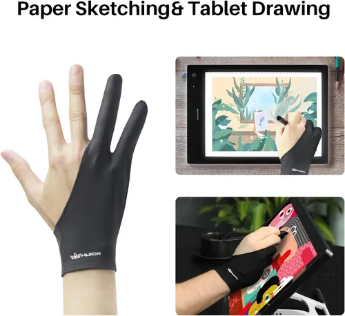 Miniatura 4 de HUION Guante de dibujo de artista para tableta de dibujo, bocetos de papel, guante artístico con dos dedos para mano derecha e izquierda, reduce