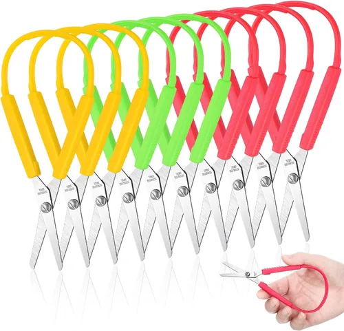 Miniatura 10 de Honoson Paquete de 10 tijeras de bucle para niños con agarre de 5.5 pulgadas, autoapertura, adaptativas, para necesidades especiales, mini tijeras