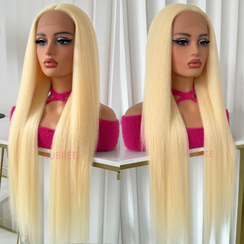 Miniatura 9 de Aubree Peluca de encaje frontal rubio 613, cabello largo y lacio, resistente al calor, fibra rubia, pelucas sintéticas sin pegamento, predepiladas