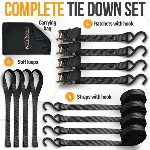 Miniatura 6 de FORTEM Correas de trinquete, juego de correas de amarre de 1650 libras de resistencia a la rotura, paquete de 4 de 15 pies x 1 pulgada, 4 bucles