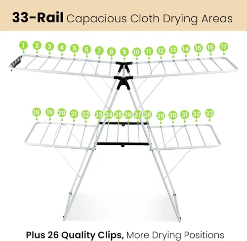 Miniatura 3 de COSTWAY Estante de secado de ropa, estante plegable de 2 niveles con alas ajustables en altura, 33 rieles de secado y clips para calcetines, estante