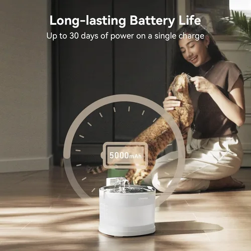 Miniatura 8 de Cheerble Fuente de Agua para Gatos sin Bomba, Fuente de Agua Inalámbrica para Mascotas Operada por Batería, Dispensador Automático de Agua E1+