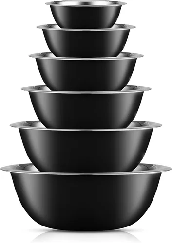 JoyJolt Juego de cuencos de acero inoxidable para mezclar, 6 cuencos anidables, 5 cuartos a 0.5 cuartos de galón, negro, perfecto para masa, rebozar