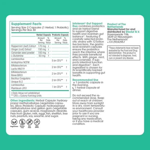Miniatura 8 de Intoleran Gut Support Duo - Probióticos y mezcla de hierbas para la salud digestiva Ayuda a aliviar la hinchazón ocasional, gases y molestias*