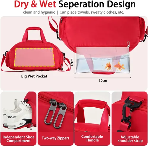 Miniatura 3 de FIORETTO Bolsa de deporte para hombre con bolsillo húmedo y compartimento para zapatos, ideal para viajes, gimnasio, deportes, natación, B-rojo