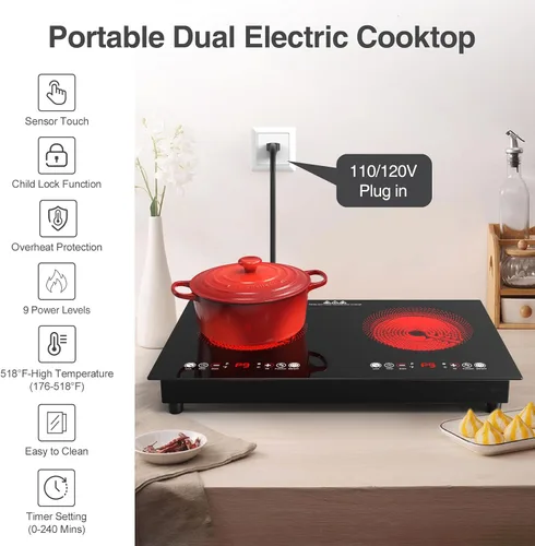 Miniatura 5 de VBGK Cocina eléctrica, 110 V, 24 pulgadas, 2 quemadores, estufa integrada y encimera, estufa de 2200 W, 9 niveles de potencia, bloqueo