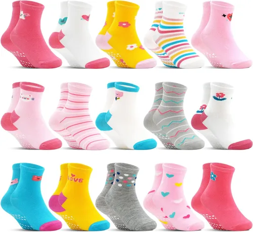 Calcetines antideslizantes para niños pequeños, 15 pares, calcetines de agarre para niñas y niños de 0 a 7 años, calcetines suaves de dibujos