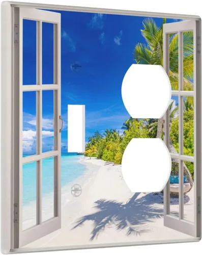 Miniatura 91 de Vista de ventana, isla tropical, playa, palmeras, cielo soleado, cubierta de interruptor de luz de palanca individual, placa decorativa de pared