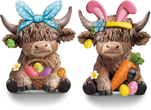 Miniatura 33 de Karenhi 2 piezas de figuritas de vaca de las Tierras Altas para el Día de la Madre, figuritas de gnomo de vaca con flores y corazón de MADRE