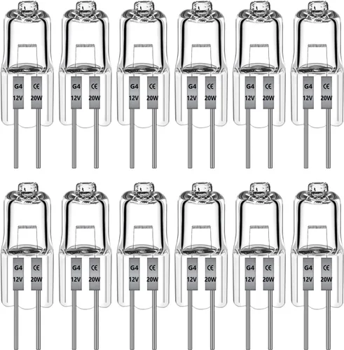 Paquete de 12 bombillas halógenas G4 de 12 V 20 W, 2 pines, regulables, 2000 horas de vida útil, 2700 K blanco cálido, bombilla halógena G4 de