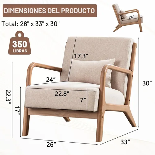 Miniatura 2 de ANJ ANJHOME Silla moderna de mediados de siglo, estilo Accent, con asiento de tela cómoda para sala de estar con estructura de madera maciza, sillón