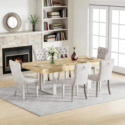 Miniatura 12 de Juego de mesa de comedor extensible de 5 piezas para 4, mesa de cocina de madera marrón de 63-78.7 pulgadas con 4 sillas acolchadas beige, juego