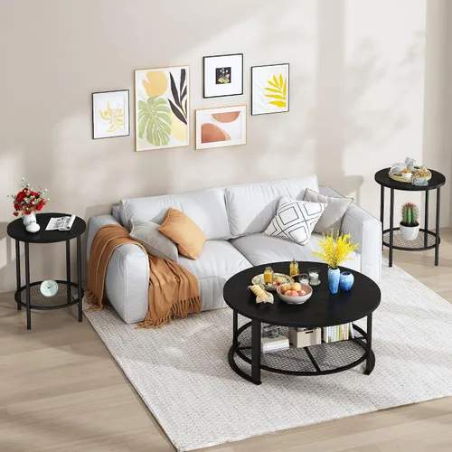 Miniatura 7 de DKLGG Mesas de centro negras de 3 piezas para sala de estar, mesa de centro redonda de madera de 3 piezas, mesas auxiliares y mesas auxiliares