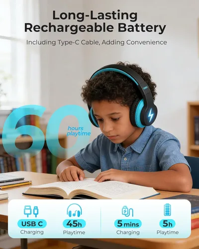 Miniatura 6 de seenda Auriculares Bluetooth para Niños Varones, JCH-01 Auriculares Inalámbricos para Niños para Escuela, Volumen Limitado 85/94dB, 45H