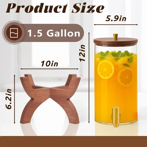 Miniatura 3 de Dispensador de bebidas de vidrio, dispensador de bebidas de 1.5 galones con soporte, dispensador de limonada con grifo de acero inoxidable, Soporte
