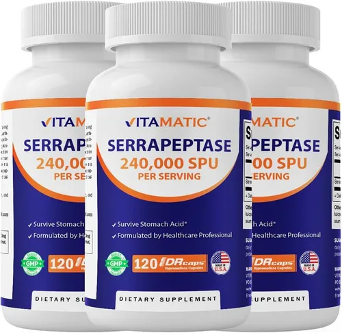 Vitamatic Serrapeptase 240,000 porciones de SPU, 120 cápsulas de liberación retardada, revestimiento entérico, sin OMG, fabricado en los Estados