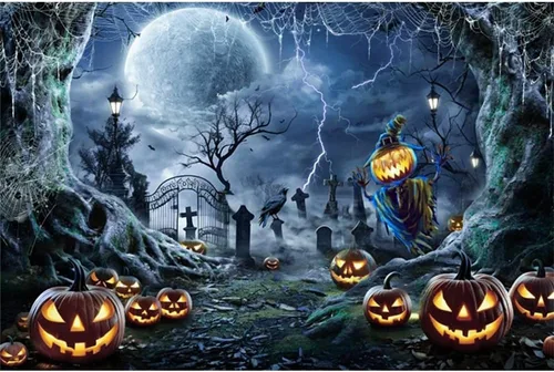 Miniatura 8 de Renaiss Telón de fondo de Halloween con telaraña, árboles, lámpara de calabaza, bosque sombrío, fotografía, fondo espeluznante, luz de luna