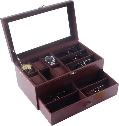 Miniatura 6 de AUTOARK Caja de cuero y terciopelo para 6 relojes, caja de joyería y 9 piezas de almacenamiento para lentes de sol y gafas de sol, cajón organizador