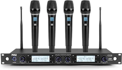 Miniatura 9 de Pyle Sistema de micrófono inalámbrico UHF de 4 canales con 2 micrófonos de mano, 2 Lavalier 2 auriculares y transmisores de cinturón, rango de 300