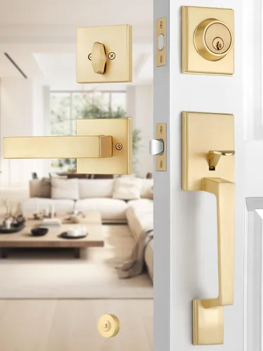 Miniatura 15 de EHOMEWARE 8 paquetes de manijas de puerta interior sin llave en acabado de latón satinado, manija de puerta de armario, palanca de puerta de paso