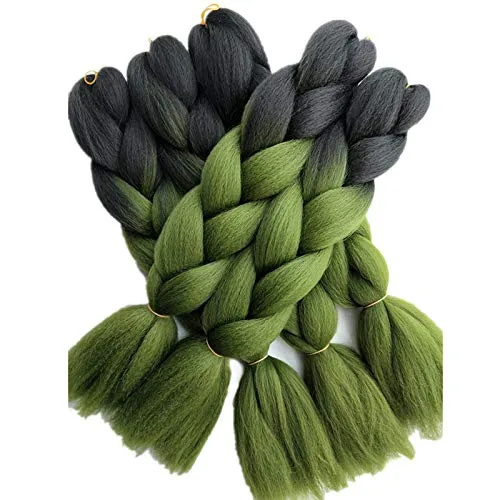 Miniatura 5 de Extensiones de cabello sintético trenzado de 24 pulgadas, color negro a verde oliva, dos tonos, color degradado, trenzas jumbo, paquete de 5 Negro