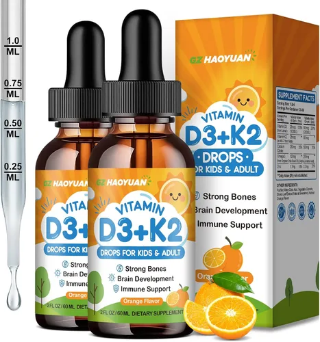 Miniatura 11 de Gotas de vitamina D3 K2 para niños, suplemento líquido con calcio, Omega 3, zinc, vitamina D3 K2 para absorción de calcio huesos saludables