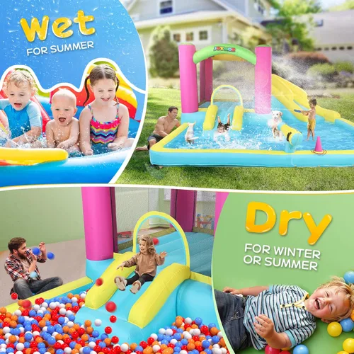 Miniatura 5 de JOYMOR Casa inflable de rebote con tobogán acuático doble para niños de 3 a 10 años, cañones de agua para piscina con salpicaduras