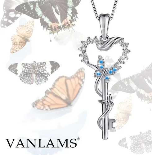 Miniatura 4 de VANLAMS Collar de alas de ángel de plata esterlina S925 para mujer, colgante de corazón de amor con llave de mariposa, regalos de cumpleaños
