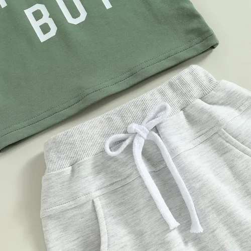 Miniatura 100 de Conjunto de traje de verano para bebé niño pequeño, manga corta, cuello redondo, letras impresas, lindo traje de verano, conjunto de 2 piezas