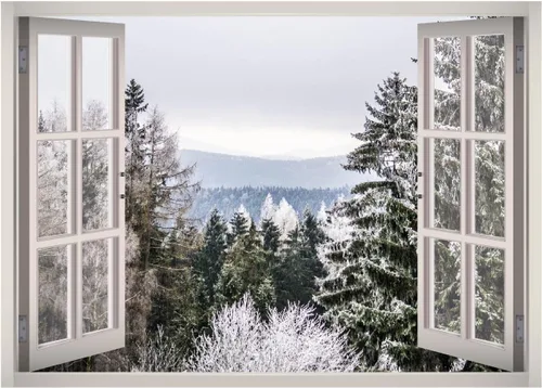 Vinilo adhesivo 3D para pared, diseño de pinos y nieve, con ventana de vista de invierno, decoración del hogar, West Mountain™ W106 (pequeño (24
