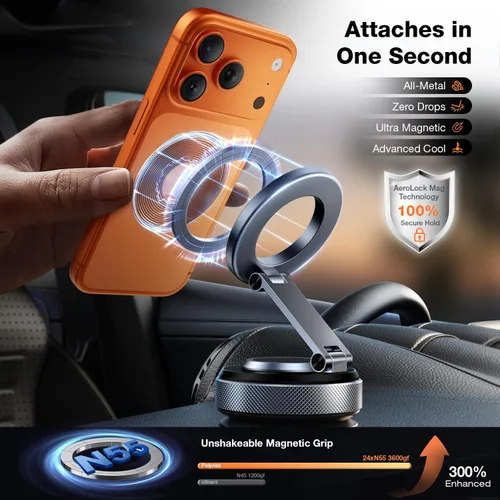 Miniatura 2 de Soporte magnético de teléfono para automóvil, soporte de aluminio aeroespacial para iPhone con imán de 3200 gf y succión de vacío de 80 libras