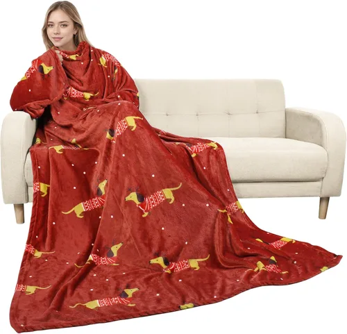 Miniatura 27 de Catalonia Manta con estampado navideño con mangas y bolsillo, acogedora manta de forro polar suave de visón, manta de microfelpa para mujeres y Elfo