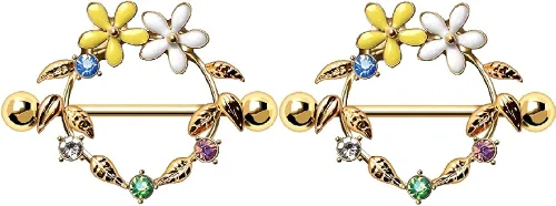14GA Escudo de hojas doradas con flores y colores CZs 316L acero inoxidable quirúrgico pezón anillo escudos, se vende como un par