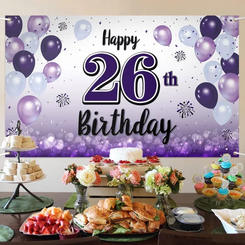 Miniatura 3 de Decoraciones de feliz cumpleaños 26, cartel grande de globo morado 26, suministros para fiesta de cumpleaños de 26 años. 26th