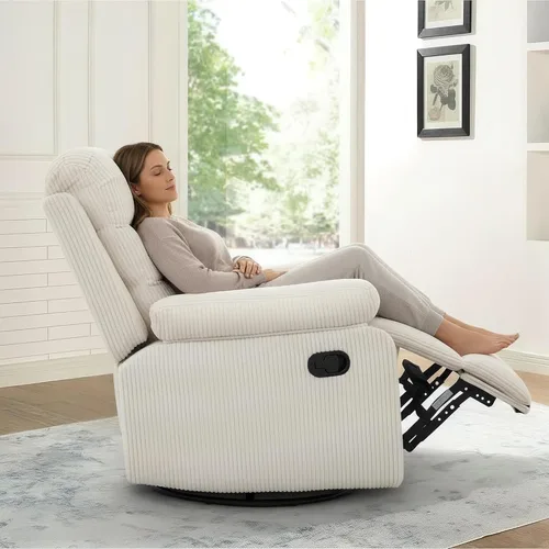 Miniatura 4 de Silla reclinable mecedora, moderna silla reclinable giratoria, sillón reclinable de tela de pana, sillón reclinable manual para sala de estar, Beige