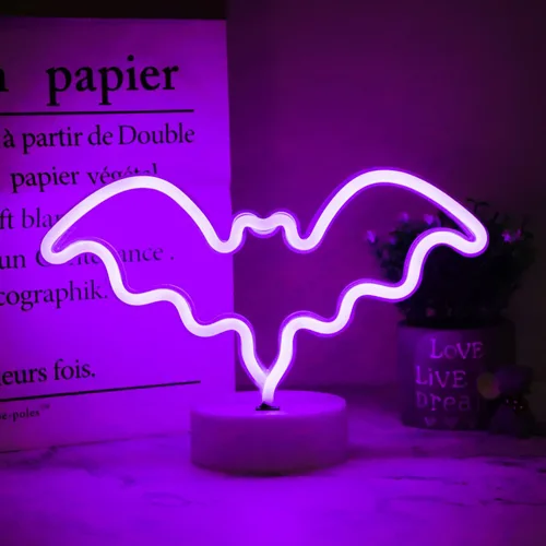 Miniatura 2 de Luces LED de murciélago de neón moradas, letreros de neón en forma de murciélago, luces nocturnas a pilas, lámpara de mesa de escritorio