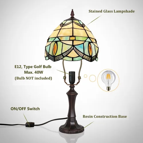 Miniatura 7 de Tiffany - Lámpara de mesa pequeña con vitrales, luz de mesa de estilo antiguo, lámpara de noche vintage para sala de estar, dormitorio, mesita