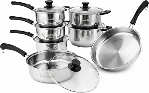 Chandler Juego de utensilios de cocina de acero inoxidable, ollas y sartenes de 13 piezas con tapa de vidrio templado, juego de cocina con sartenes