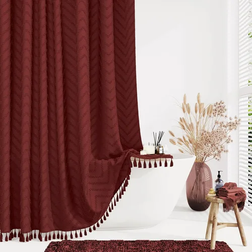 Miniatura 24 de Dynamene - Cortina de ducha de tela bohemia con rayas con chebrón en relieve, juego de cortina angosta para baño, media cortina impermeable